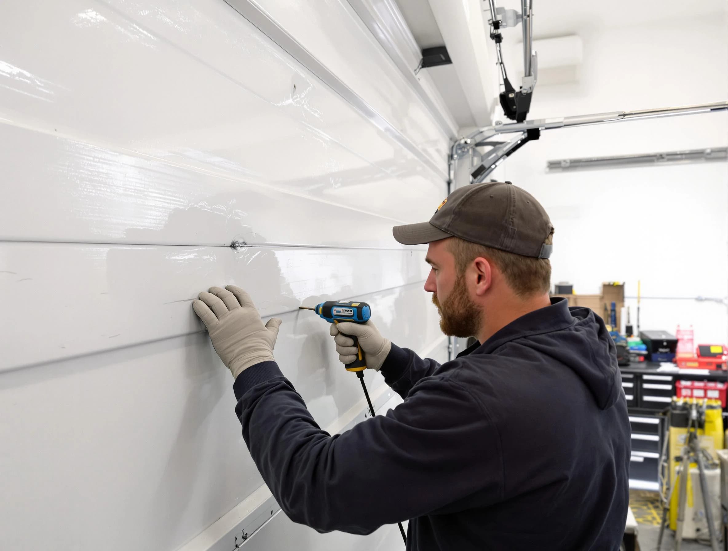 McKeesport Garage Door Repair technician demonstrating precision dent removal techniques on a McKeesport garage door